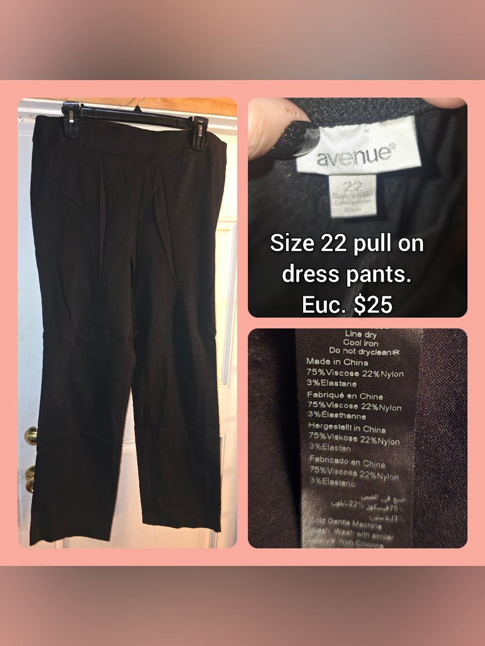 Avenue Black Pull-On Straight Leg Dress Pants
